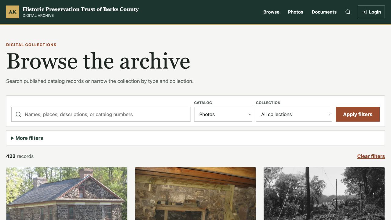 The Historic Preservation Trust of Berks County photograph collection search page running on ArchiveKit